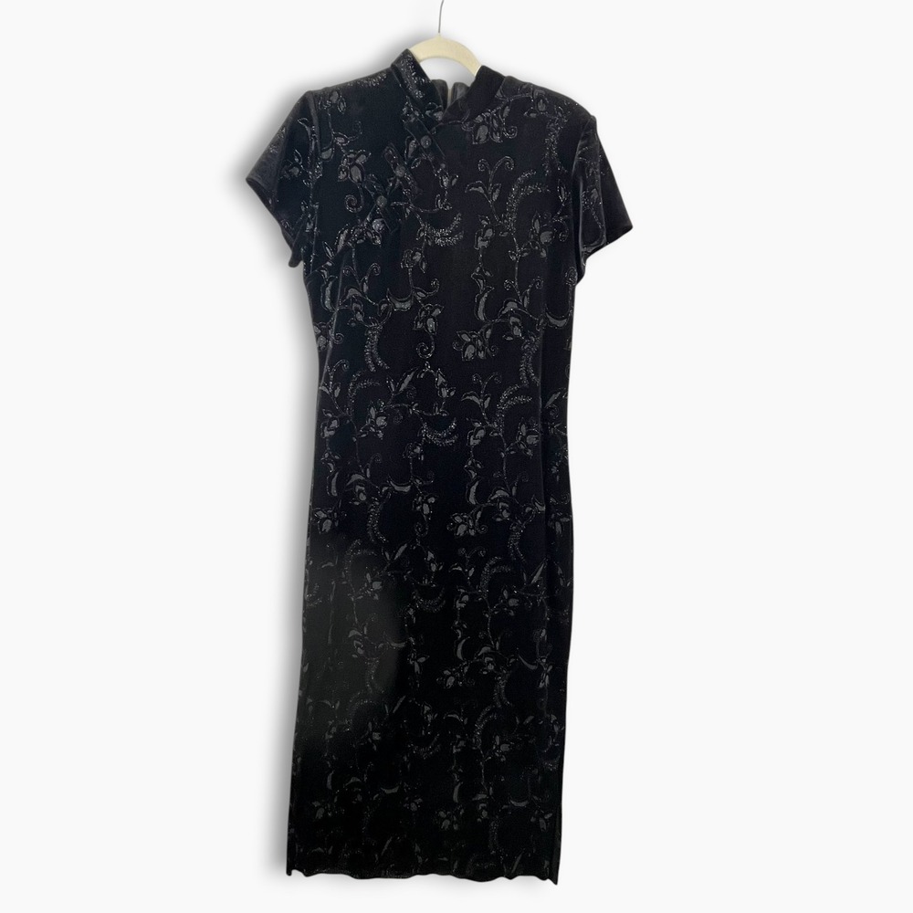 Dressbarn Black Velvet Glitter Floral Mandarin Collar Midi Dress Size 14 Asian